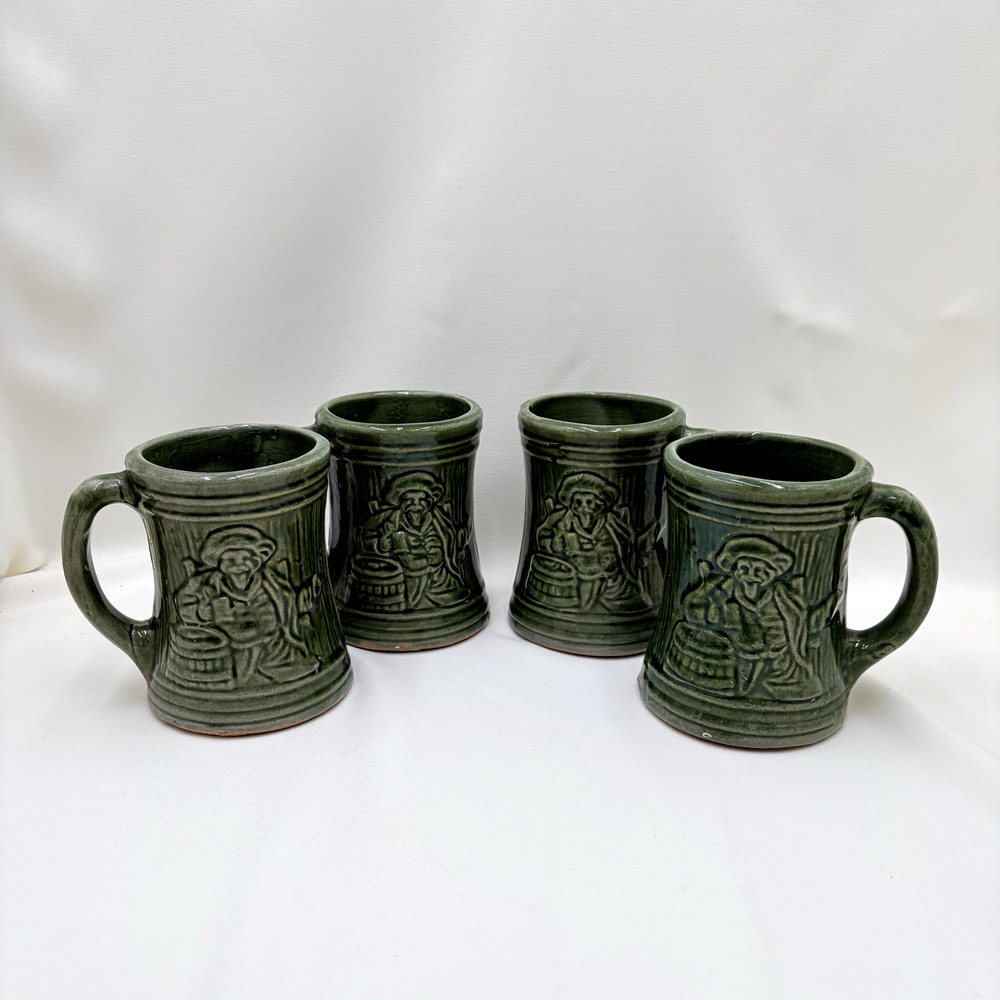Vintage McCoy Green Pirate Pottery Ceramic Coffee Mug Beer Tankards - Set of 4